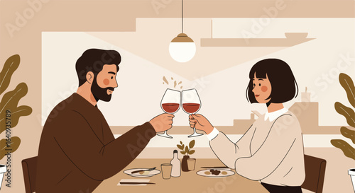 Couple toasting with wine glasses during a romantic dinner date indoors, vector style