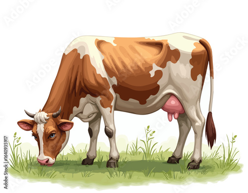 A detailed illustration of a brown and white dairy cow grazing on a patch of green grass.