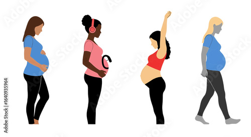 Diverse group of pregnant women enjoying a healthy lifestyle and wellness journey. Vector illustration set.