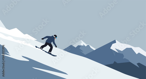Snowboarder descends snowy slope, mountains in the background, grayscale color