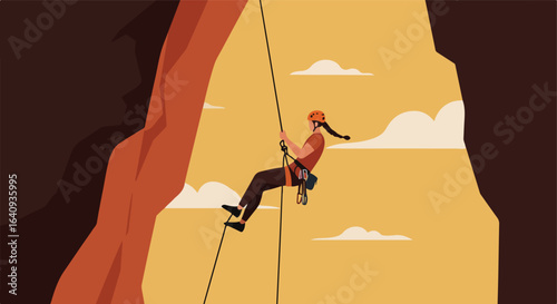 Rock Climber A woman rappels down a rock face, using ropes in a bright, sunny scene