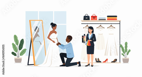 A bride-to-be trying on a beautiful white gown during a wedding dress fitting session in a modern bridal boutique with a tailor.