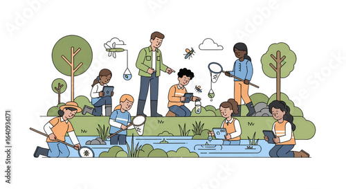 A diverse group of young students and their teacher on a science field trip, exploring a pond ecosystem with nets and modern technology.