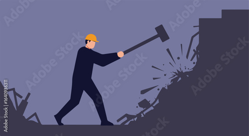 Man with mallet demolishing wall, hard hat, vector illustration, hard work