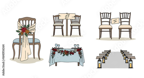 Elegant wedding decoration set with illustrations of a sweetheart table, chairs with sashes, and a lantern-lined ceremony aisle
