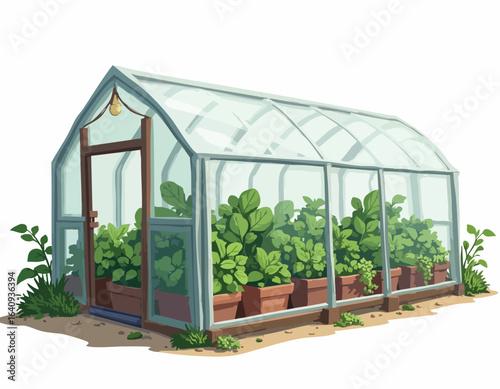 A cartoon illustration of a garden greenhouse filled with lush green plants growing in terracotta pots.