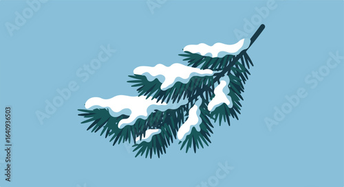 Snowy evergreen branch on winter blue background, needles covered with a soft layer