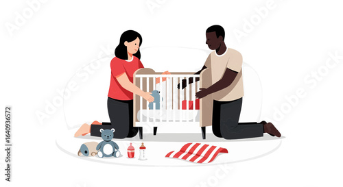 Loving multiracial couple caring for their newborn baby in a crib, a tender moment of modern family life.