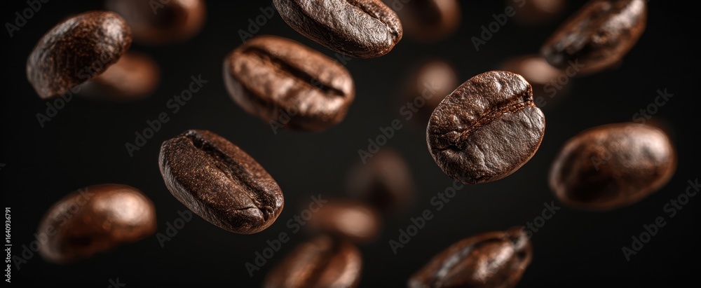 Fototapeta premium The Floating Roasted Coffee Beans Against a Dark Background