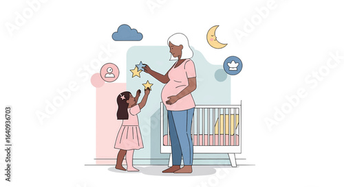 A loving pregnant mother and her young daughter prepare the nursery, sharing a moment of joyful anticipation for the new family member.