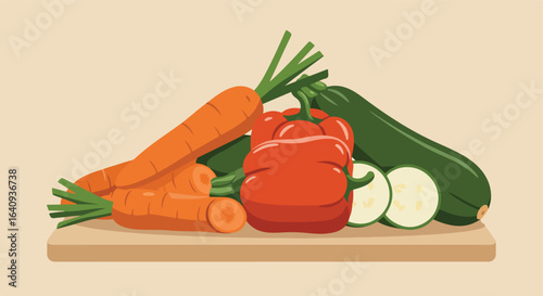 Still life of carrots, red bell pepper, and zucchini on cutting board. Healthy food prep