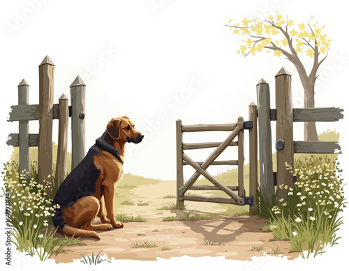 A loyal dog sits patiently beside an open wooden gate on a country path, surrounded by wildflowers.