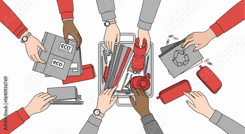 A diverse group of people collaborate on a sustainable business initiative with eco-friendly promotional merchandise.