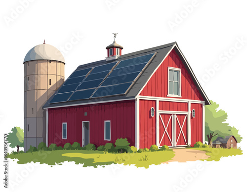 A modern red barn with a silo, featuring solar panels on the roof for renewable energy in a rural farm setting.