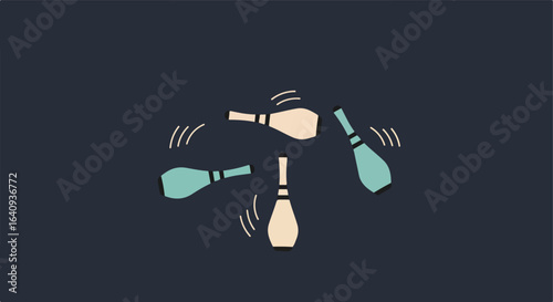Juggling clubs rotating. Objects seem suspended in space on dark background