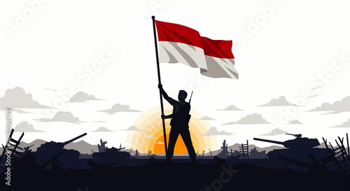Patriotic soldier silhouette raising the Indonesian flag on a battlefield at sunrise, a symbol of victory and freedom