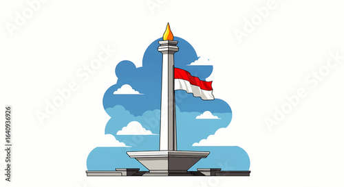 Illustration of Indonesia's national monument with the flag, symbolizing independence and patriotism against a blue sky.