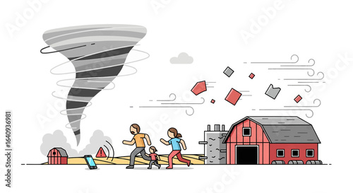 A family urgently evacuating their farm during a destructive tornado disaster, a concept of survival and emergency
