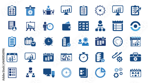 Illustration showcasing various business and management icons in blue color scheme arranged neatly