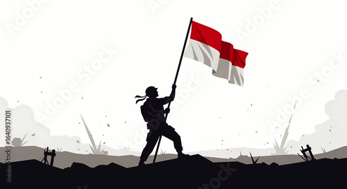 Patriotic illustration of a soldier with the Indonesian flag. A concept of heroism, national struggle, and victory.