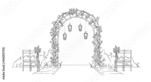 Romantic outdoor wedding ceremony setup with a floral archway, lanterns, and benches. A beautiful concept for a marriage celebration.