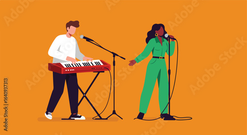 Musician performing with keyboard, singer sings. Flat vector, orange background