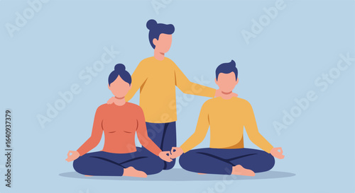 Instructor adjusts two people in the lotus position in peaceful relaxation moment