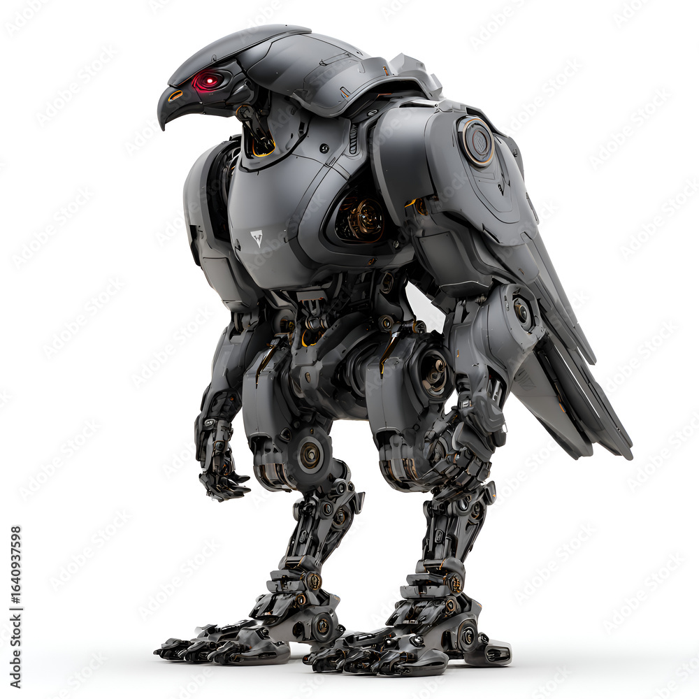 Fototapeta premium Futuristic robotic hawk stands proudly, a stunning display of advanced technology and innovative design, perfect for sci-fi projects.