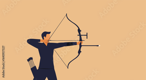 Archer aims. Figure draws bow with arrow. Quiver on hip. Beige background. Focus on target