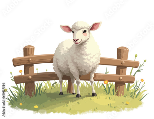 A charming cartoon sheep stands happily in a green pasture by a rustic wooden fence.