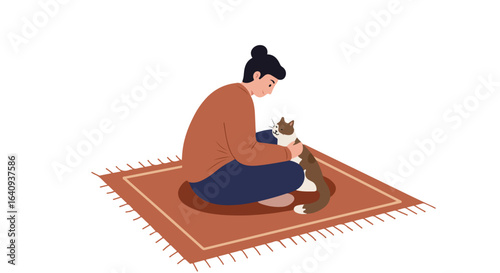 Woman petting a cat while sitting on a brown rug with fringe, on white background