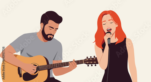 Guitarist and singer performing. Music duo. Woman singing into microphone. Man with guitar