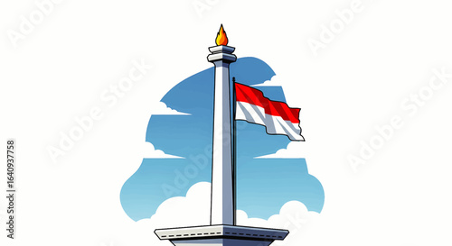 Indonesian national monument with a waving flag against a blue sky, a symbol of patriotism and independence. Vector illustration.