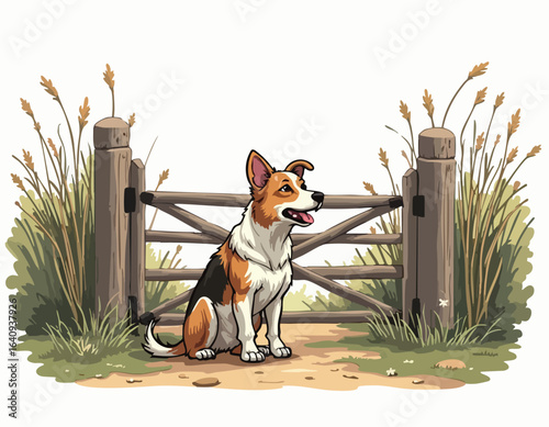 A cartoon illustration of a happy tri-color dog sitting patiently in front of a rustic wooden farm gate.