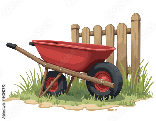A red wheelbarrow with wooden handles rests on a grassy patch next to a wooden picket fence.