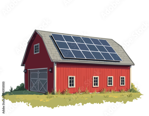 An illustration of a classic red barn with a large array of solar panels installed on its gray shingled roof.