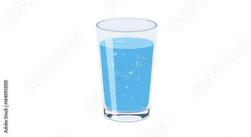 Clear glass is filled with water containing tiny bubbles and transparent walls
