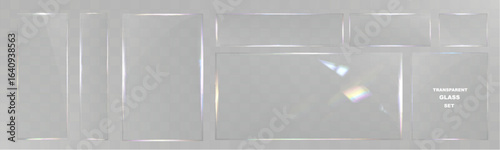 Transparent glass frame set isolated, realistic clear plastic film border, shiny glare overlay, vector template for photo decoration.
