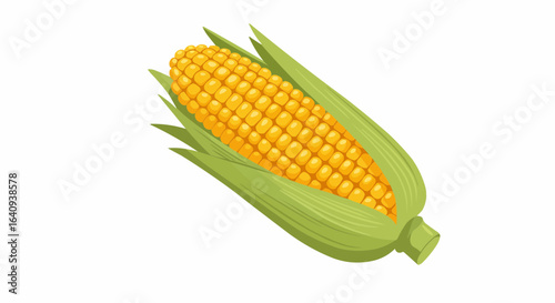 A fresh, vibrant ear of corn with a few leaves and kernels.