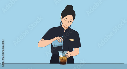 Person pours a liquid in a glass with ice and a mixer, on a pastel background