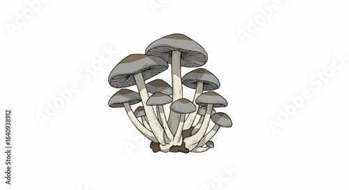 An illustration of a cluster of mushrooms, featuring different shapes and sizes.