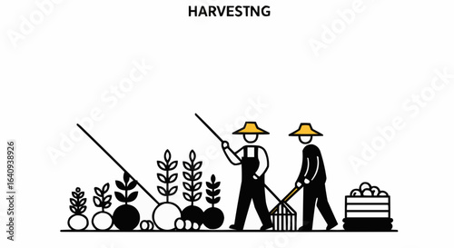 Minimalist illustration of two farmers harvesting crops in the field. 