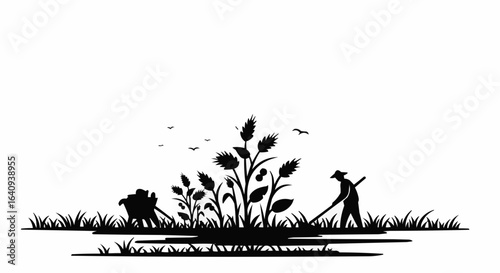 Silhouette of a farmer working in a field harvesting crops.