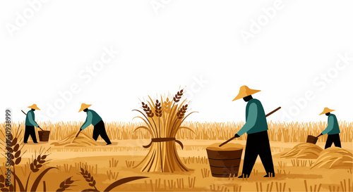 Farmers working in field during harvest season.