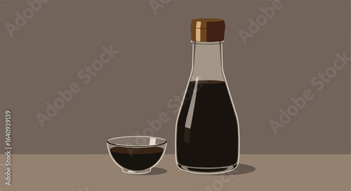Dark condiment liquid in a glass bottle and cup on neutral background, simple style