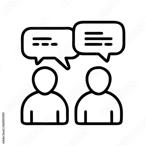 Black outline icon showing two people with speech bubbles, representing dialogue, chat, and interpersonal communication.
