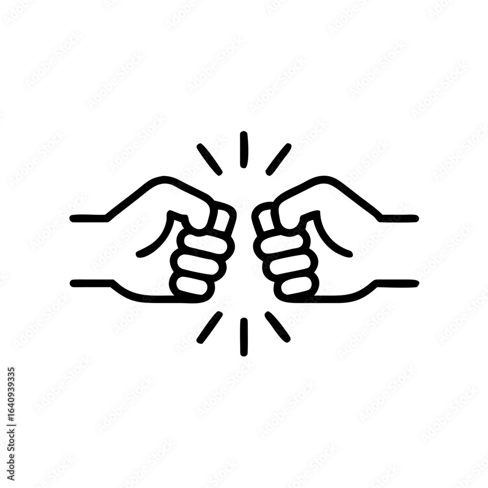 Black outline icon of two fists bumping, symbolizing friendship, unity, or support.
Black outline icon of two fists bumping, symbolizing friendship, unity, or support.