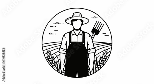 An illustration of a farmer wearing a hat standing in front of wheat fields.