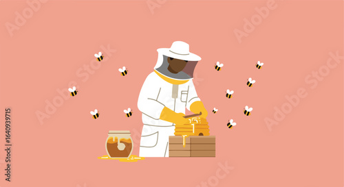 Beekeeper at hive with jar, bees flying against light pink background