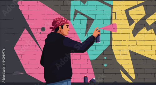 A person in a bandana uses spray paint on a brick wall. Colorful mural is made